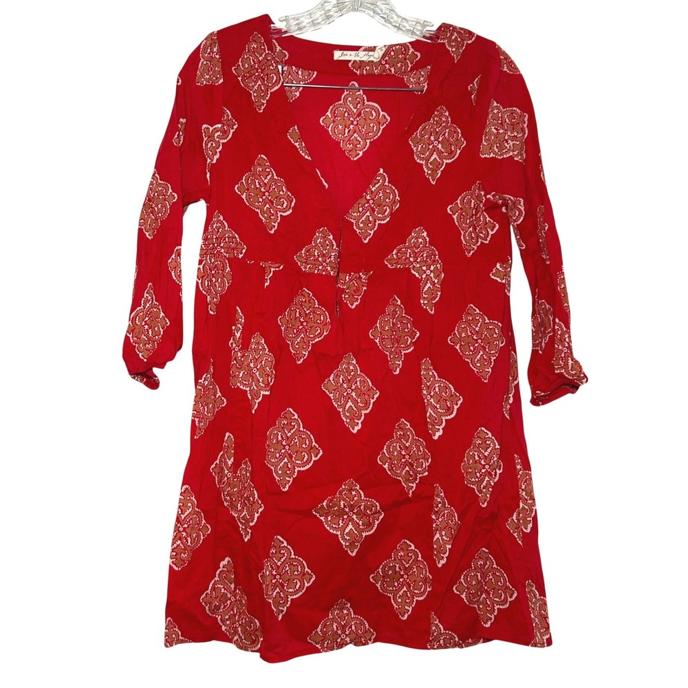 Joie a la Plage Red Medallion Print Cotton V-Neck Tunic boho lagenlook organic